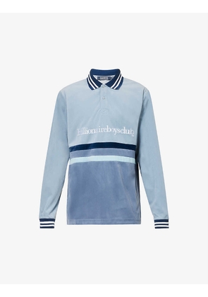 Brand-embroidered striped-trim regular-fit velour rugby shirt
