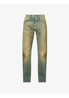 Stained faded-wash slim-fit straight-leg jeans