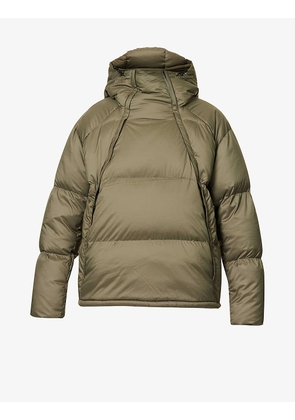 Diagonal-zip funnel-neck relaxed-fit shell-down hooded jacket
