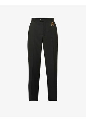 Brand-initial zip-embellished relaxed-fit tapered-leg stretch-woven-blend trousers