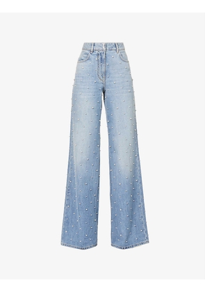 Bead-embellished brand-plaque wide-leg mid-rise jeans