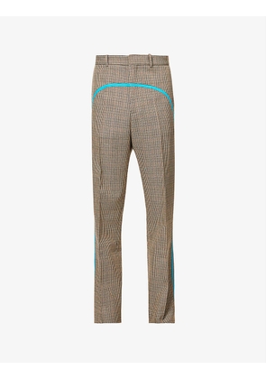 Houndstooth-patterned contrast-tape straight-leg trousers