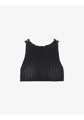 Cropped chain-strap stretch-woven top