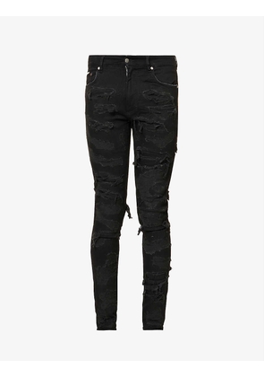 Distressed brand-plaque slim-fit skinny-leg stretch-cotton blend jeans