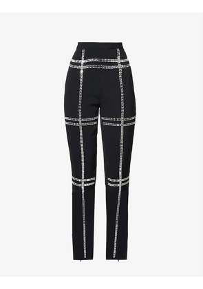 Mirror-embellished tapered-leg high-rise crepe trousers