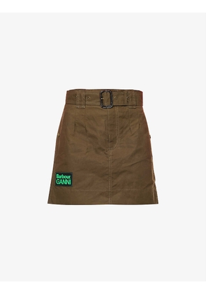 Brand-appliqué detachable-belt organic-cotton mini skirt