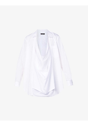 Draped open-collar relaxed-fit cotton-poplin shirt