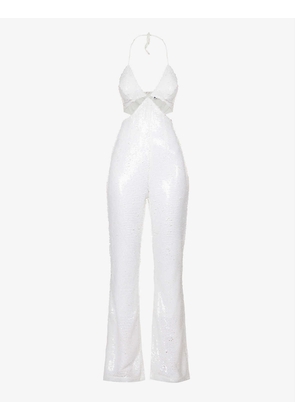 Sequin-embellished cut-out stretch-woven jumpsuit