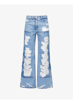 Distressed faded-wash wide-leg mid-rise denim jeans