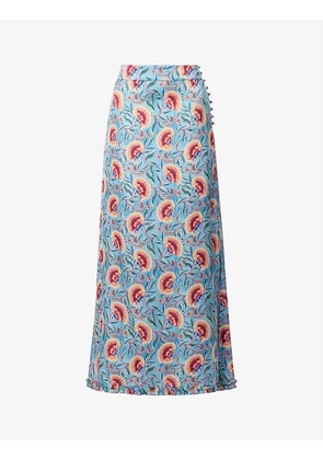 Floral-print side-split satin maxi skirt