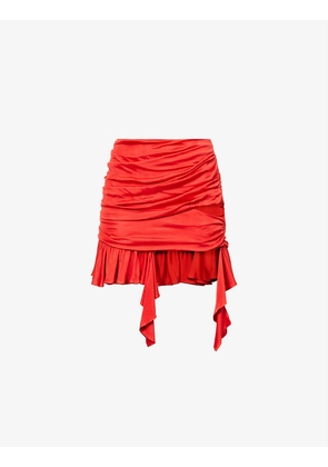 Ruched frilled-trim woven mini skirt