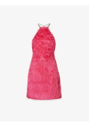 Faux-fur chain-strap woven mini dress