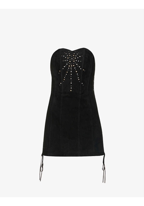 Stud-embellished strapless leather mini dress