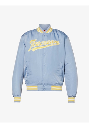Brand-appliqué relaxed-fit shell varsity jacket
