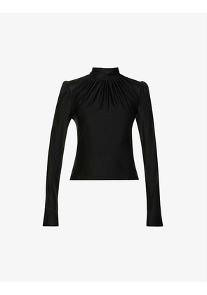 High-neck gathered stretch-woven top