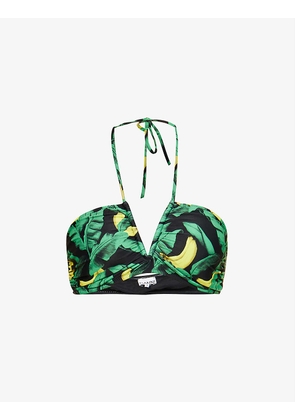 Graphic-print V-neck stretch-recycled polyamide bikini top