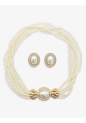Pre-loved yellow gold-plated, crystal and faux-pearl torsade necklace and clip-on earrings set