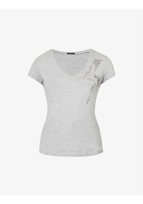 V-neck sequin-embroidered woven T-shirt