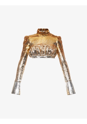 High-neck sequin-embellished woven top
