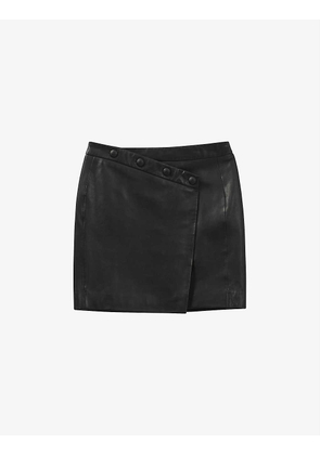 High-rise button-detail leather mini skirt