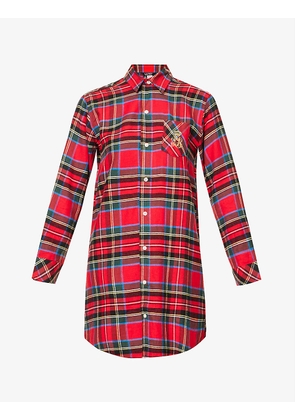 Embroidered-branding tartan cotton-blend pyjama shirt