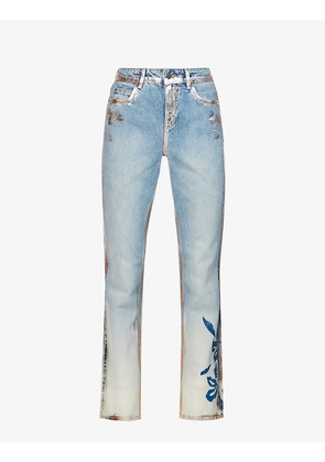 Floral-print high-rise straight-leg jeans