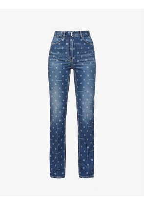 Anagram-print brand-plaque slim-leg mid-rise stretch-denim jeans