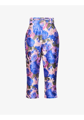 Floral-print straight-leg high-rise silk trousers