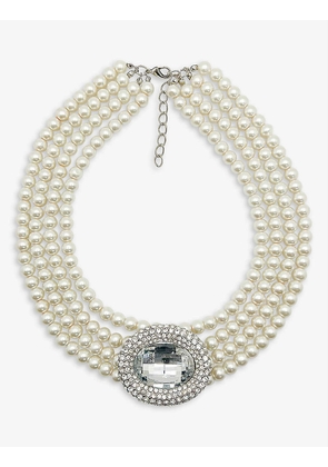 Pre-loved silver-plated metal, faux-pearl and crystal necklace