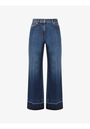 Brand-patch faded-wash wide-leg mid-rise jeans