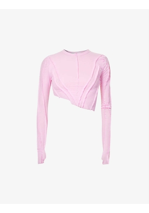 Asymmetric long-sleeved stretch-woven top