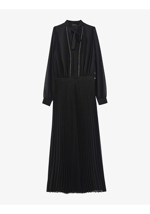 Pussy-bow pleated-voile midi dress