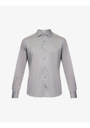 Branded-button curved-hem regular-fit cotton-piqué shirt