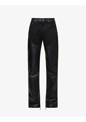 Contrast zipped-cuff relaxed-fit straight-leg cotton and faux-leather trousers