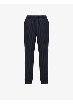 Sunspel Mens Black and Navy Blue Cotton Poplin Striped Relaxed-fit Pyjama Bottoms, Size: XL