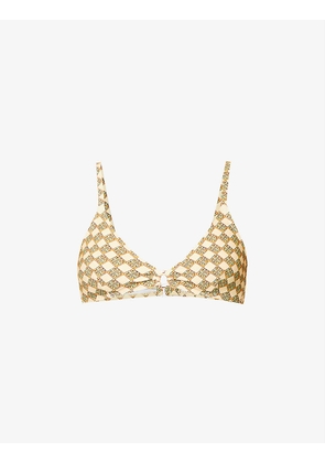 Graphic-print gold-toned bikini top