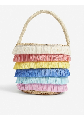 Rainbow-frilled straw tote bag