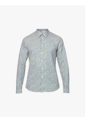 Floral-print curved-hem tailored-fit organic-stretch-cotton shirt