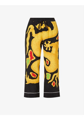 Dragon-print wide-leg mid-rise silk trousers