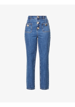 Brand-appliqué cropped regular-fit mid-rise straight-leg jeans