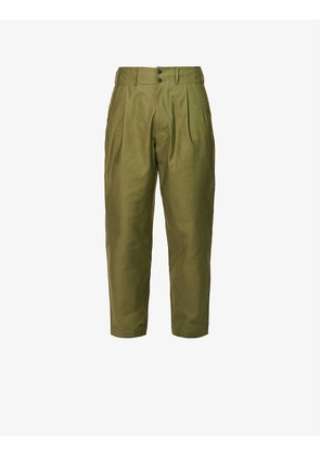 Pleated notched-waist relaxed-fit wide tapered-leg cotton trousers