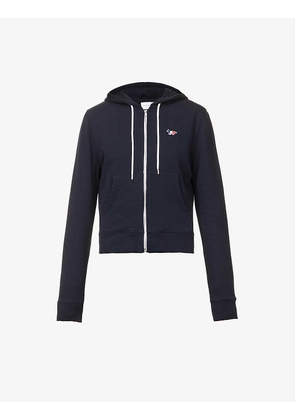 Fox-embroidered zip-up cotton-jersey hoody