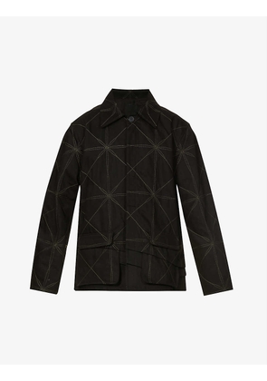 Geometric-embroidered asymmetric-panel cotton-twill jacket