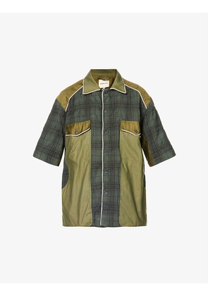 Plaid-pattern contrast-panel relaxed-fit cotton and wool-blend shirt
