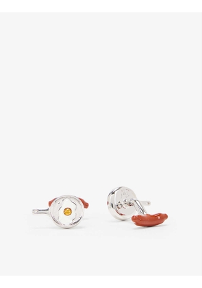 Egg and sausage rhodium-plated brass and enamel cufflinks