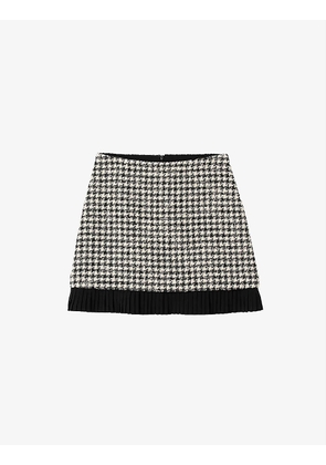 Houndstooth-check pleated-hem woven mini skirt