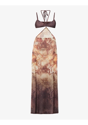 Butterfly-print cut-out stretch mesh maxi dress