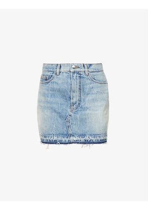 Mid-rise contrast leather and faded denim mini skirt
