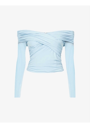 Cross-over off-the-shoulder stretch-woven top