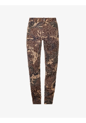 Distressed camouflage-pattern slim-fit straight-leg jeans